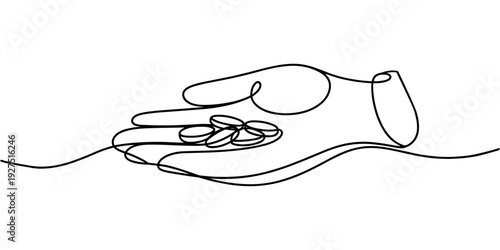 Hand holds coin continuous one line drawing art savings and investment money concept, One continuous line drawing of a hand holding a coin financial business single line vector illustration.