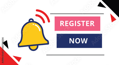 Vibrant vector illustration graphic of a ringing bell icon with 'Register Now' call to action buttons