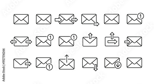 A comprehensive vector illustration featuring a diverse set of email and message line icons for modern communication design.