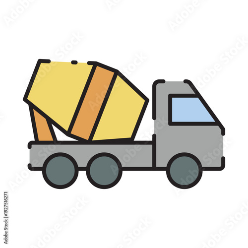 A flat design illustration of a cement mixer truck
