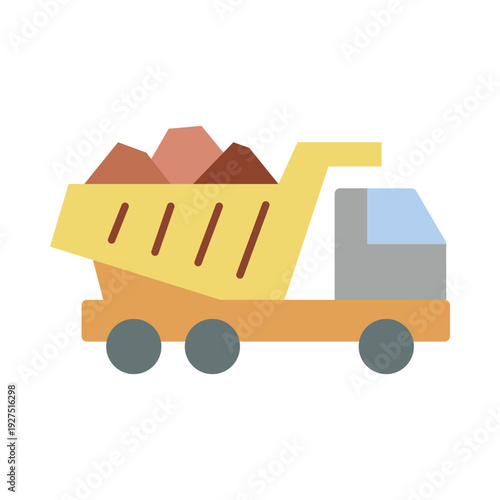 A flat design illustration of a dump truck carrying dirt and rocks