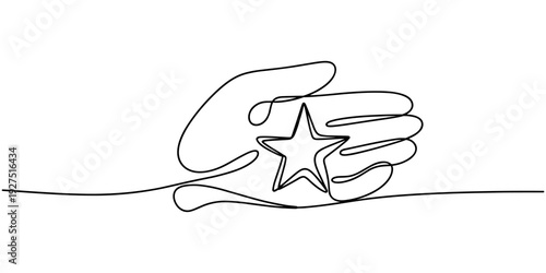 Hand holding star continuous one line drawing, minimal achievement success outline vector illustration