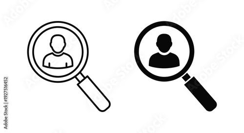 Vector graphic illustration featuring two magnifying glass icons with person symbols, representing user search functions and people finder concepts.
