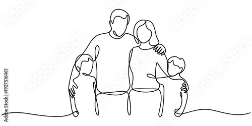 Happy family in continuous line art drawing style. United family portrait of parents and their little girl kid black linear sketch isolated on white background. Vector illustration