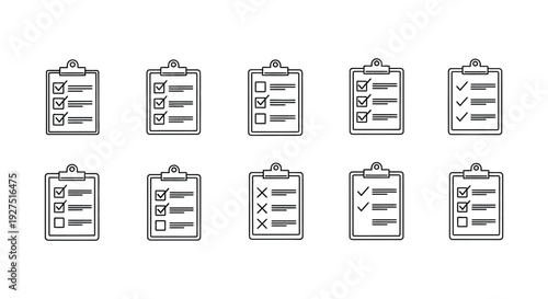Collection of ten simple black line art vector icons representing different checklist completion statuses on clipboards