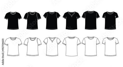A versatile vector graphic illustration set of blank black and white t-shirts with various neckline styles for apparel design.