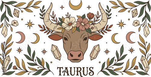 Taurus Zodiac Sign Illustration with Floral Crown Celestial Elements and Mystical Crystals