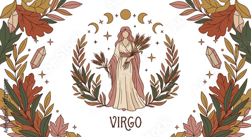 Virgo Zodiac Astrology Woman Illustration with Wheat Leaves Moon and Stars in Earthy Boho Style