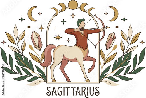 Sagittarius Zodiac Sign Illustration Featuring a Centaur Archer with Moon Phases Stars and Natural Elements