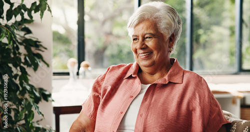 Bilde på lerret Happy, thinking and old woman in home with wellness, good memories and contemplation for retirement