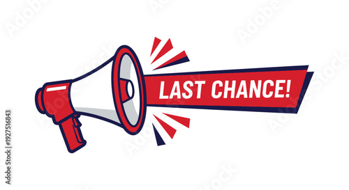 Vector graphic illustration of a red and white megaphone announcing a very important last-chance warning