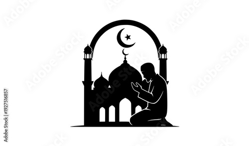 Islamic prayer silhouette kneeling Muslim man with mosque and crescent moon spiritual vector illustration isolated on white