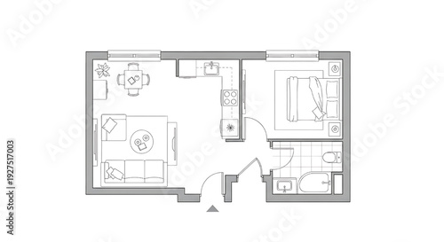 Modern studio apartment floor plan with kitchen, bathroom, and living area