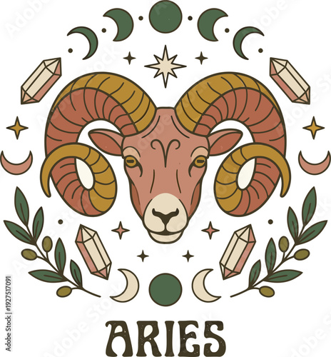Aries Zodiac Sign Illustration with Ram Head Celestial Elements and Crystals
