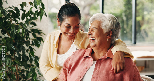 Fotografie Laugh, senior mom and woman in home with smile, love or hug together in living room