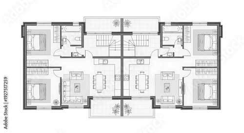 Modern duplex apartment floor plan with detailed layout