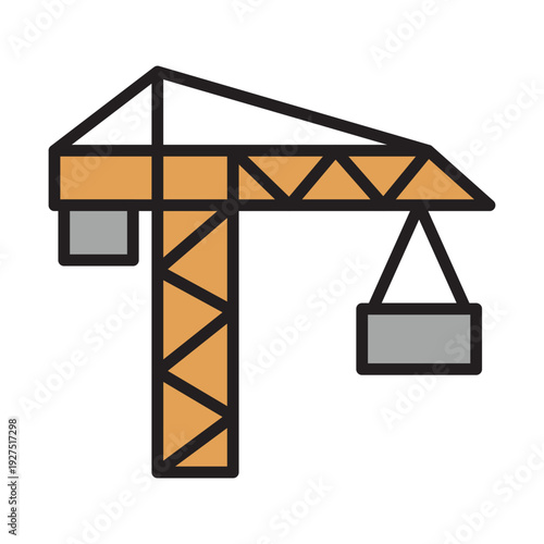 Orange construction crane with gray load on white background