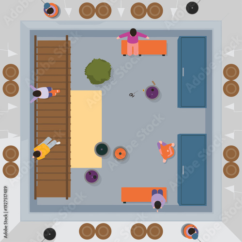 Top view of architectural courtyard with people sitting on benches and ladders plants and planters cad drawing flat vector illustration