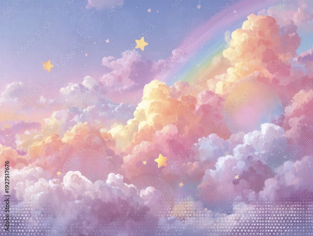 Fototapeta premium Pastellfarbene Wolken mit Sternen und Regenbogen am Himmel, verträumte Atmosphäre