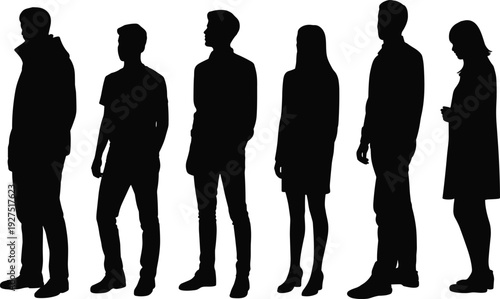 Silhouettes of diverse young men and women standing in a row in casual clothing against a white background for social community or group concepts.