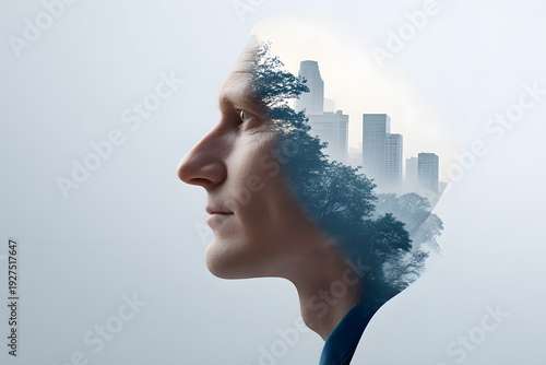 a person's silhouette profile featuring an overlay of a cityscape and trees, suggesting thought, reflection, and connection