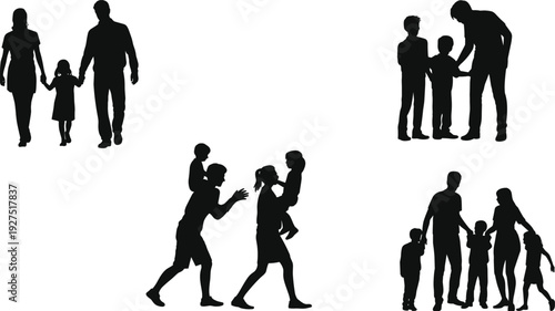 Family silhouettes with parents and children, bonding activities, lifestyle interaction scenes, care and play illustration, CAD drawing flat vector illustration
