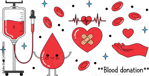 Blood donation concept illustration with blood bag, drop character, heart, and medical symbols promoting healthcare, charity, and life saving support in flat vector style