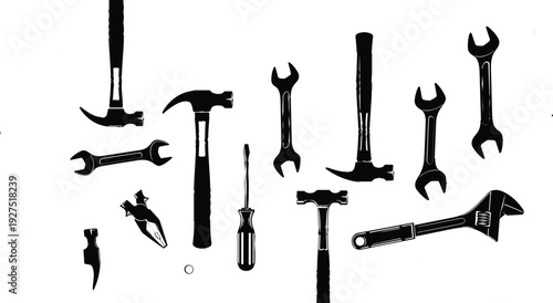 Black and White Tools Illustration Set Including Hammers, Wrenches, and Screwdrivers for Construction and Repair Work