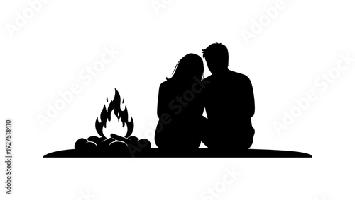 Romantic couple enjoying quiet night by campfire together