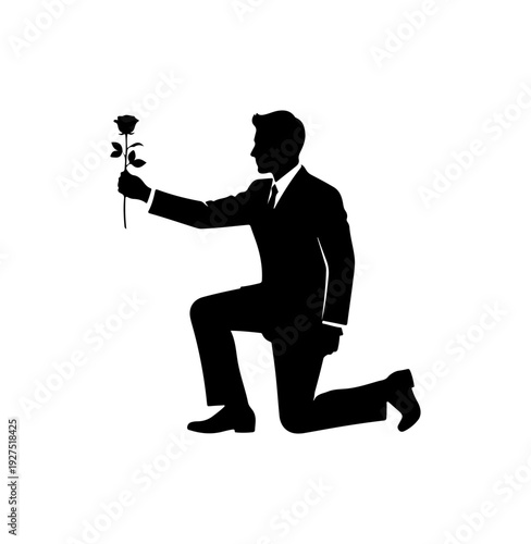 Romantic man proposing with rose in hand on one knee