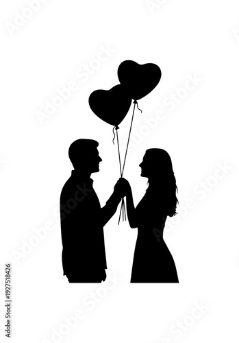 Romantic couple celebrating love with heart shaped balloons