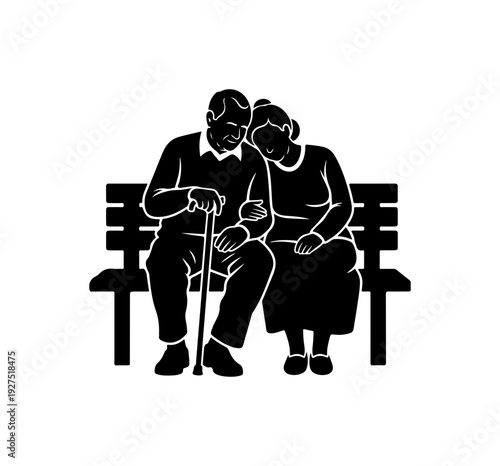 Elderly couple sitting together on bench with cane