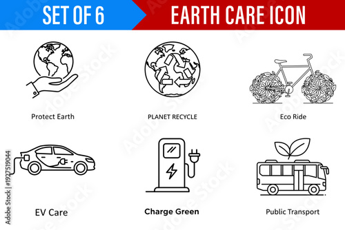 A conscious and informative set of line art illustration icons for earth care and sustainability featuring green transportation options and renewable energy solutions.