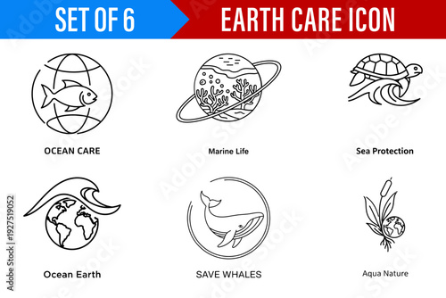 A set of Minimalist Line Art icons for Environmental informational graphics depicting Earth care marine life sea protection and ocean conservation symbols