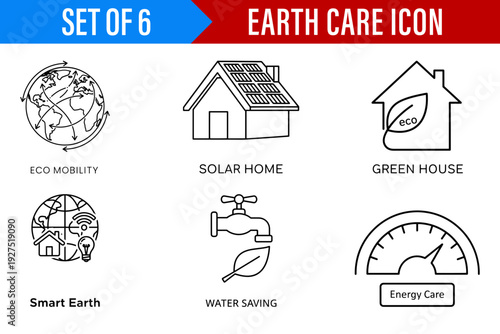 This minimalist and informative collection of Earth care icons illustrates sustainable energy solutions eco-friendly homes and smart technology for environmental awareness.