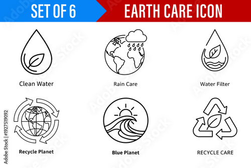 A collection of six minimalist informational earth care vector icons focusing on clean water, recycling, and planet sustainability in a clean style
