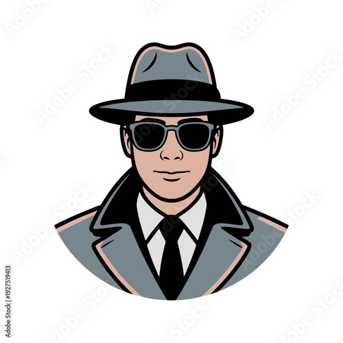 A cartoon detective wearing a grey fedora and sunglasses in a minimalist vector illustration
