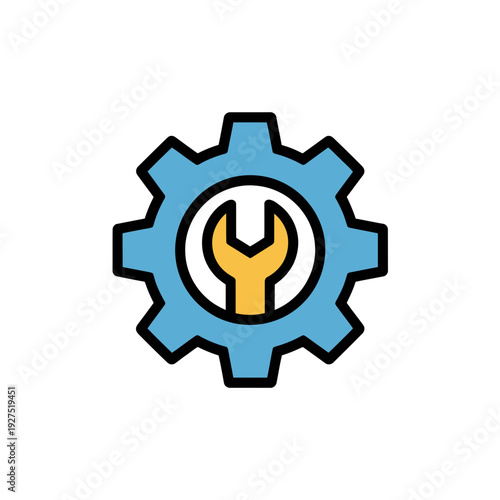 A minimalist vector graphic of a gear with a wrench icon, symbolizing mechanical engineering and tool concepts.