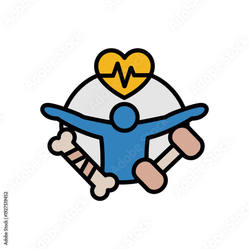 A cartoon character with broken bones and a heart above its head, symbolizing health and wellness.