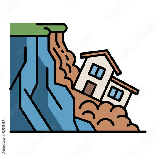 A vector graphic illustration of a house sliding down a cliffside due to erosion