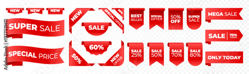 Red tag collection featuring sale and new labels. Includes red scrolls, banners, discount ribbons, shopping tags, and promotional icons.