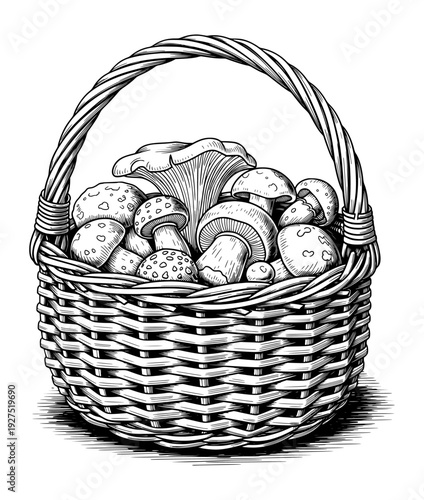 Wicker Basket of Mushrooms Black and White Engraving Style