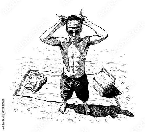 Young Man Tying Bandana on Beach Black and White Engraving Style Vector