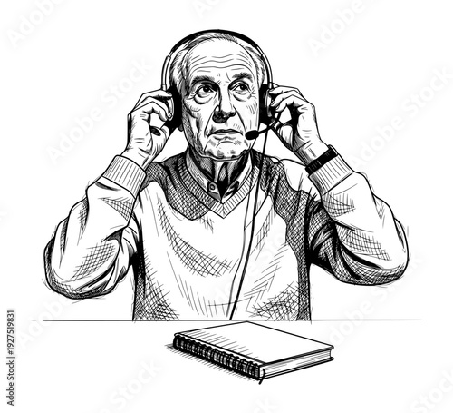 Elderly Man with Headset and Notebook Black and White Engraving Style