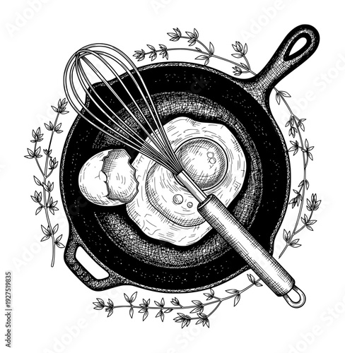Cast Iron Skillet with Fried Egg and Whisk Engraving Style Black and White Vector