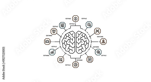 Intelligent brain network diagram with connected icons representing digital communication data analysis and futuristic technology illustrating artificial intelligence