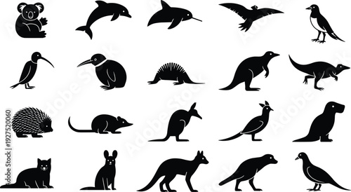 Australian wildlife animal silhouettes set, flat vector cad drawing collection of native fauna icons isolated on white background minimalist design