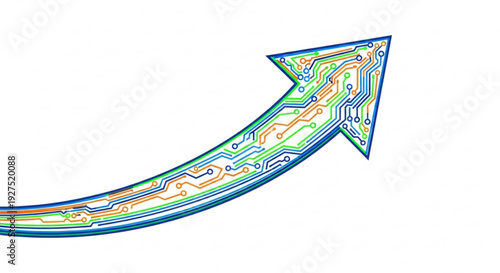 Multicolored circuit board arrow pointing up symbolizing growth and progress in technology and innovation
