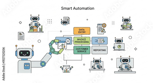 Smart automation workflow with robots and data processing for efficient business operations and customer service