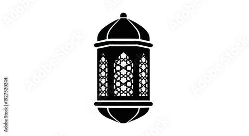 Solid black Ramadan lantern icon with clean geometric Islamic cut pattern details